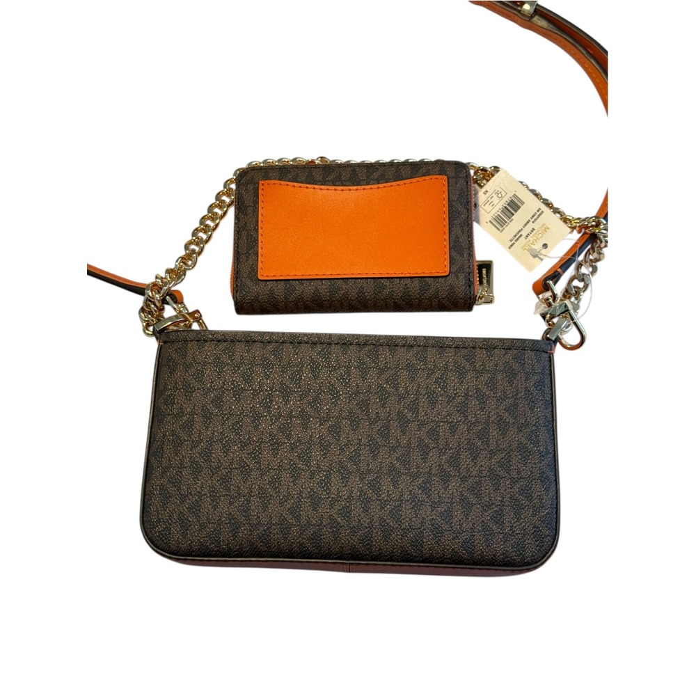 Michael Kors Bryant Brown Orange Monogram Crossbody‎ Pouchette Bag & Wallet NEW - Picture 3 of 6